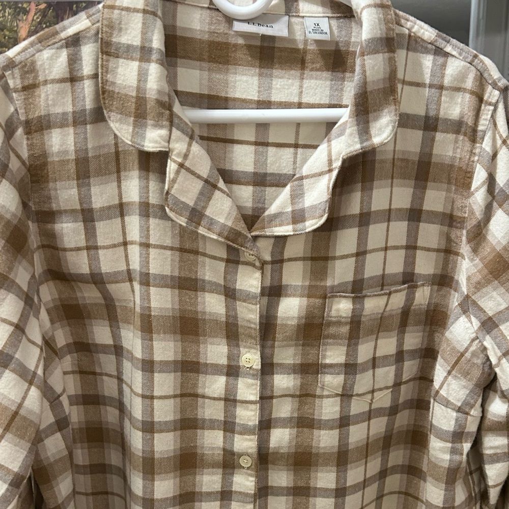 L.L. Bean 1x Flannel Beige and Brown Plaid Shirt